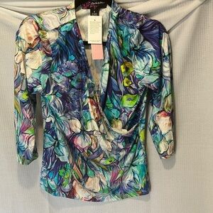 Peck & Peck Floral Wrap Blouse - Blue and Purple